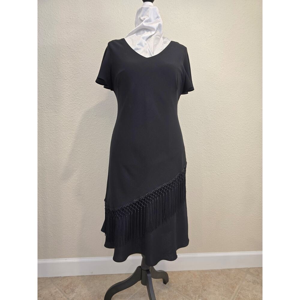 S.L. Fashions Sz 14 Black Midi Cocktail Dress Asymmetric Fringe Overlay